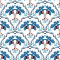 Blue modern boho exotic seamless pattern, cute tropical palm tree. Ethnic nature damask ornament, summer jungle scallop motif. Geometry hand drawn background, wallpaper, floral textile design. vector