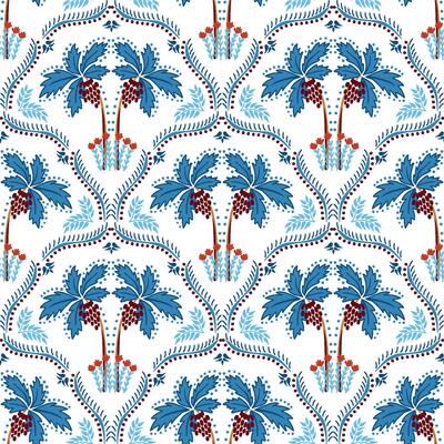 Blue modern boho exotic seamless pattern, cute tropical palm tree. Ethnic nature damask ornament, summer jungle scallop motif. Geometry hand drawn background, wallpaper, floral textile design.