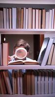 vertical Curious student exploring book with magnifying glass in library video