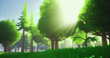 CGI Sunlight filtering through lush trees in a vibrant forest during midday video