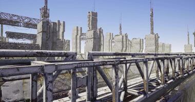 Surreal CGI Industrial landscape with weathered structures under clear blue sky video