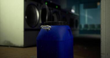 Hyperrealistic CGI Blue container in a laundromat with washing machines in the background video