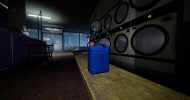 Stylized CGI Blue container on wooden bench in a dimly lit laundromat at night video