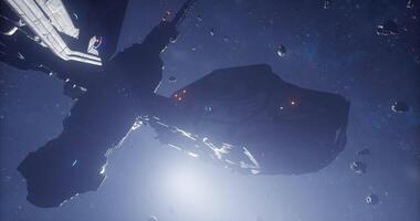 Enhanced CGI Spaceship navigating through asteroid field in deep space exploration video
