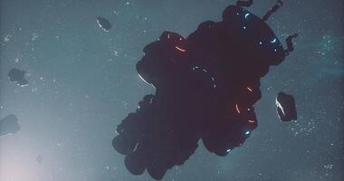Surreal CGI Spaceship navigating through asteroid field in deep space near distant star video