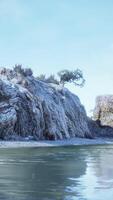 Quiet CGI water level to the steep coastal cliffs of the coast of the sea lagoon video