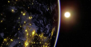 CGI displays a view of Earth from space at night, highlighting city lights visible video