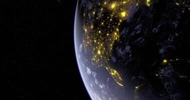 CGI displays a view of Earth from space at night, highlighting city lights visible across the globe video