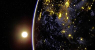 Detailed CGI displays a view of Earth from space with sun in a frame video