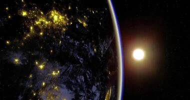 CGI displays a view of Earth from space, highlighting city lights visible across the globe video