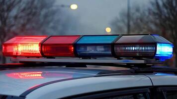 Close-up of red and blue flashing lights on top of a police vehicle during dusk. The glowing sirens reflect urgency, law enforcement presence, and emergency response in a city environment video