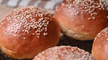 Freshly Baked Golden Burger Buns with Sesame Seeds Cooling on Wire Rack in Kitchen video