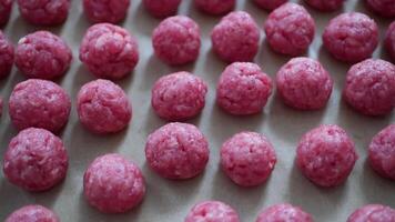 Freshly Prepared Raw Meatballs Arranged Neatly on Baking Sheet Ready for Cooking in Kitchen video