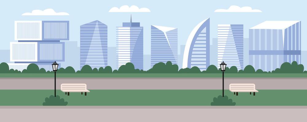 City skyline illustration. Green city. Urban park. Modern skyscraper. Metropolitan area. Public park with skyscraper scenery.