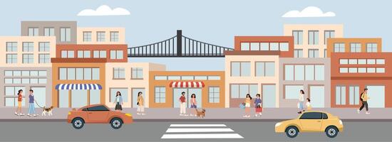 People walking in front of store. People walking at sidewalk. Store around big street. Urban building. vector