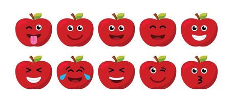Happy Apple Emoji Set, Red Fruit Cartoon Characters, Emotions and Expressions vector