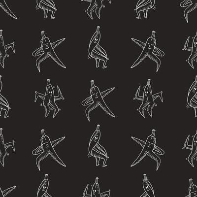 Seamless Pattern of Dancing Banana Characters in Black and White Doodle Style