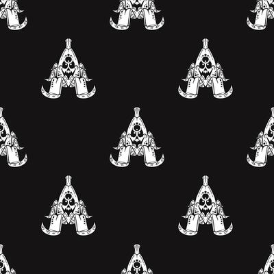 A repeating pattern of a cartoon evil banana on a black background