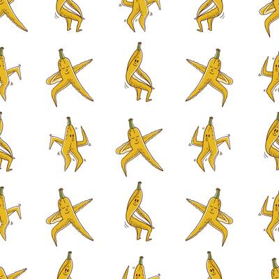 Seamless Pattern of Playful Cartoon Dancing Banana Peels
