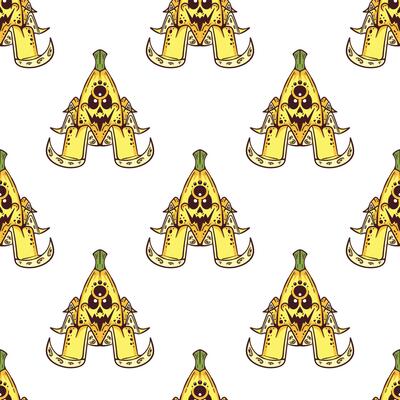 A repeating pattern of a cartoon evil banana on a white background