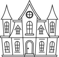 Spooky House Line Art Illustration with Tall Towers and Gothic Windows vector