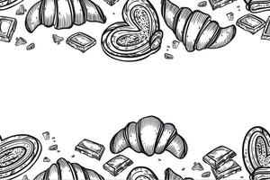 Seamless pastry-themed border, fresh sweet buns, croissants, chocolate wedges. All objects are hand-drawn in . The illustration is suitable for printing on fabric, paper, design confectionery vector