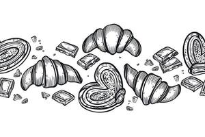 Seamless border of sweets, buns, croissants, chocolate slices, buns. All objects are hand-drawn in . For printing on menus, booklets, in the interior of confectioneries, bakeries, on dishes vector