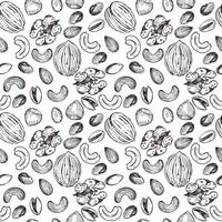 Seamless pattern. Nuts, walnuts, hazelnuts, cashews, almonds, and pistachios, all objects are hand-drawn in . For printing on fabric, paper, for food packaging design vector
