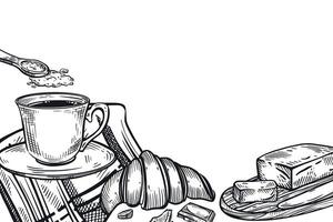 Breakfast, a cup of coffee, a tablecloth, a fresh croissant, butter, a teaspoon with sugar. All objects are hand-drawn in , suitable for printing on fabric, for menu decoration, coffee interior vector