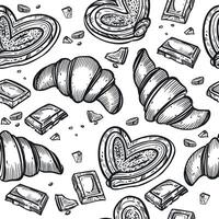 Seamless pattern. Fresh pastries and sweets, buns, croissants, chocolate slices. All objects are hand-drawn in . For printing on packaging, paper, towels vector