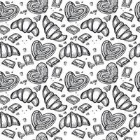 Seamless pattern. Fresh pastries and sweets, buns, croissants, chocolate slices. All objects are hand-drawn in . For printing on packaging, paper, kitchen towels vector