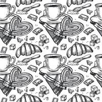 Seamless pattern on the theme of tea drinking, a cup of tea or coffee, a napkin, lump sugar, chocolate slices, sweet buns, croissants. The illustration is suitable for printing on packaging vector