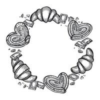 A wreath of sweet buns, croissants, chocolate. All objects are hand-drawn in . The illustration is suitable for printing on food packaging, menu design, and bakery interiors vector