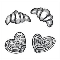 A set of illustrations. Buns, sweet buns, croissants, all objects are hand-drawn in ink. The illustration is suitable for the design of bakeries, confectioneries, and food packaging vector