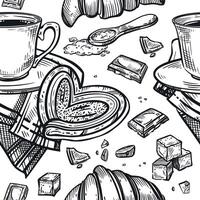 Seamless pattern on the theme of tea drinking, a cup of tea or coffee, a napkin, lump sugar, chocolate slices, sweet buns, croissants. The illustration is suitable for printing on packaging, fabric vector