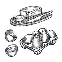 illustration set, quoi eggs, egg cell, butter with knife. All objects are hand-drawn in . Illustrations are suitable for the design of food packaging, the design of farm shops vector