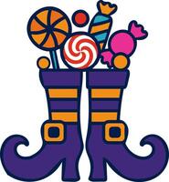 Witch boots filled with assorted colorful candies and lollipops for Halloween celebration. vector