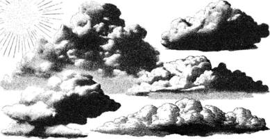 Vintage 1950s style black and white cloud illustrations for retro design projects vector