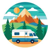 A parked motorhome on the background of the vibrant color breathtaking scenery Sticker vector
