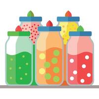 A row of mason jars filled with different types of food for display or storage Sticker vector