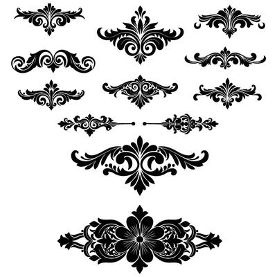 Black and White Floral Swirls Damask Design Elements Set Ornate Vintage Style Decorative Flourishes Collection