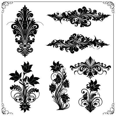 Black and White Floral Damask Design Elements Set Ornate Swirls Flowers Vintage Style Decorative Graphics