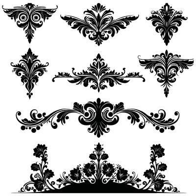 Black and White Floral Damask Design Elements Set Ornate Swirls Vintage Style Decorative Flourishes Collection