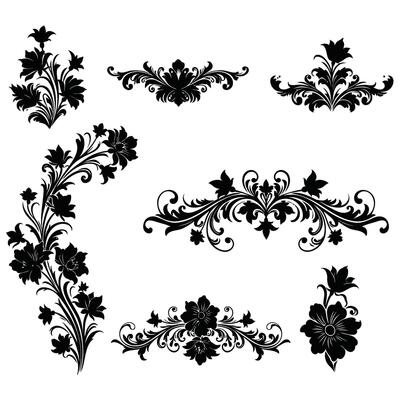 Black and white floral design elements set ornate swirls flowers bouquets borders vintage style graphic design elements for decoration