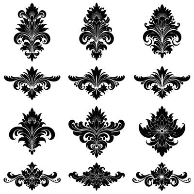 Twelve Black and White Damask Floral Ornaments Set Elegant Vintage Style Design Elements