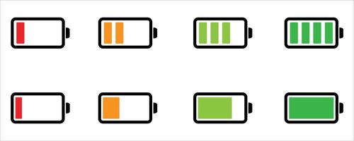 Battery Charge Level Icons . Colorful Energy Symbols from Low to Full on White Background vector