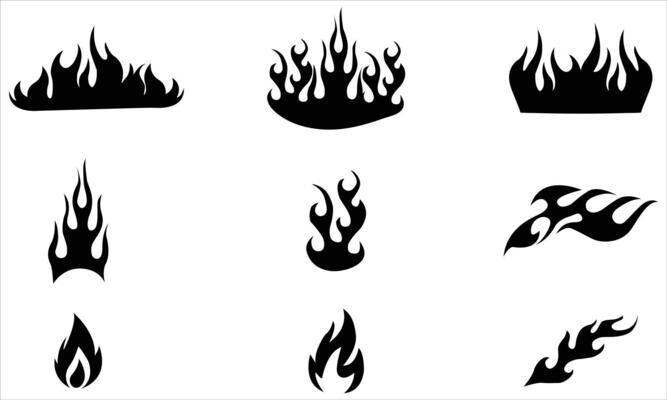 Collection of Stylized Black Fire Flame Silhouettes .Set of Decorative Burning Icons on White Background