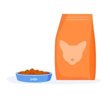 Cat food in bowl. Cat kibble in package or beg. Flat style vector
