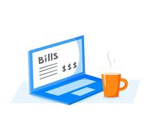 Notebook and cup with hot drink, paying bills via internet, morning routine, flat illustration vector