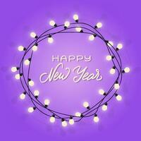 Happy New Year lettering in glowing lamp garland. Decorative wreath garland with bulbs. Holiday sign in circle lights border on blue background. Greeting card with round frame. vector
